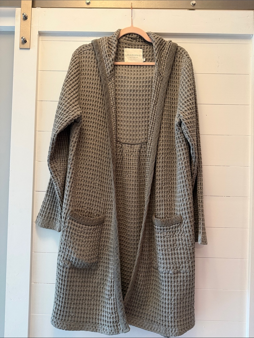 Waffle-Knit Hooded Open Cardigan in Sage Green